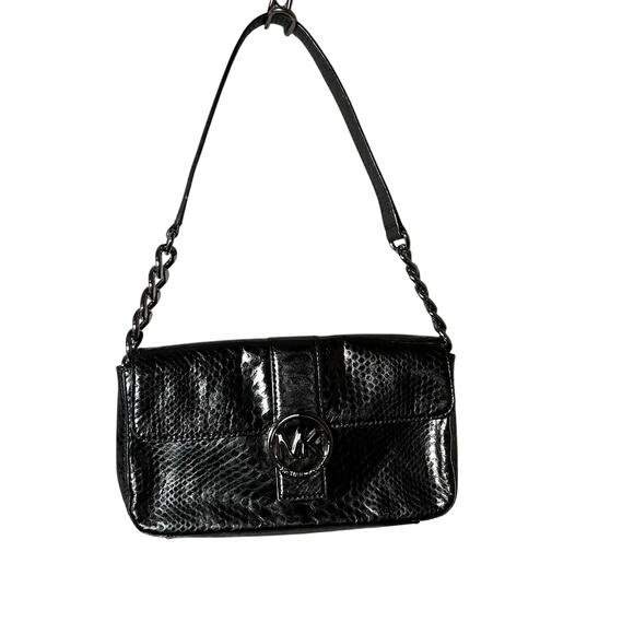 Michael Kors Fulton Small Flap Leather Shoulder Bag black Gunmetal metallic - Picture 1 of 8